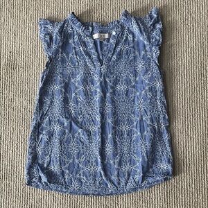 LOFT Blue Embroidered Cap-Sleeve Blouse